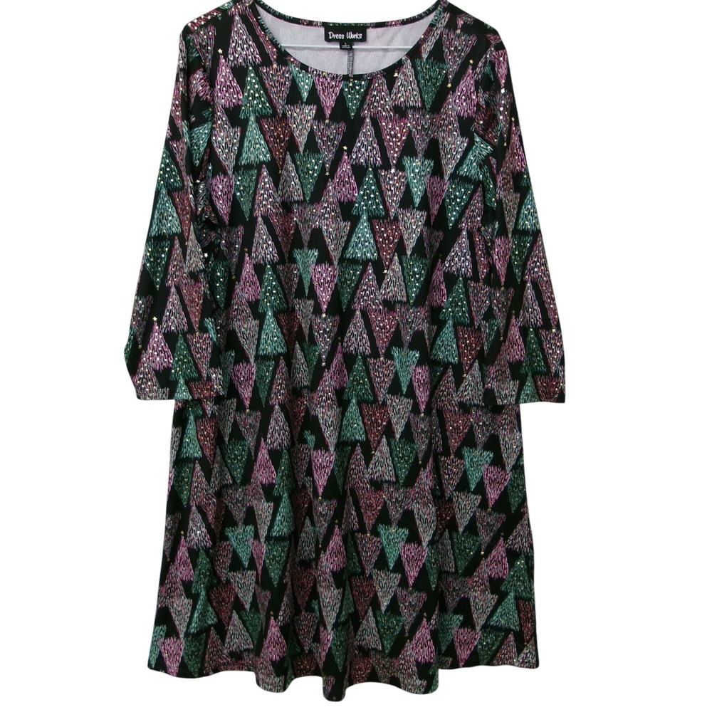 Dress Works Large Black Metallic Gold Christmas Trees  Long Sleeve Dress